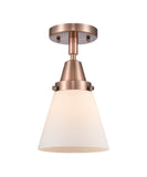 447-1C-AC-G61 1-Light 6.25" Antique Copper Flush Mount - Matte White Cased Small Cone Glass - LED Bulb - Dimmensions: 6.25 x 6.25 x 10 - Sloped Ceiling Compatible: No