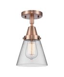 447-1C-AC-G62 1-Light 6.25" Antique Copper Flush Mount - Clear Small Cone Glass - LED Bulb - Dimmensions: 6.25 x 6.25 x 10 - Sloped Ceiling Compatible: No