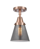 447-1C-AC-G63 1-Light 6.25" Antique Copper Flush Mount - Plated Smoke Small Cone Glass - LED Bulb - Dimmensions: 6.25 x 6.25 x 10 - Sloped Ceiling Compatible: No