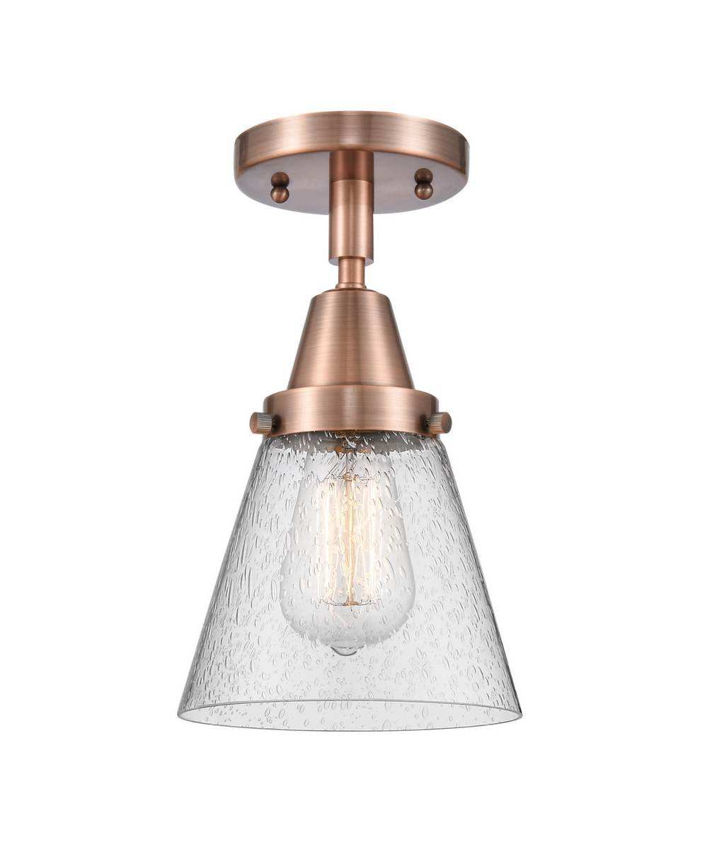 447-1C-AC-G64 1-Light 6.25" Antique Copper Flush Mount - Seedy Small Cone Glass - LED Bulb - Dimmensions: 6.25 x 6.25 x 10 - Sloped Ceiling Compatible: No