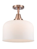 447-1C-AC-G71-L 1-Light 12" Antique Copper Flush Mount - Matte White Cased X-Large Bell Glass - LED Bulb - Dimmensions: 12 x 12 x 12.5 - Sloped Ceiling Compatible: No