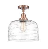 447-1C-AC-G713-L 1-Light 12" Antique Copper Flush Mount - Clear Deco Swirl X-Large Bell Glass - LED Bulb - Dimmensions: 12 x 12 x 12.5 - Sloped Ceiling Compatible: No