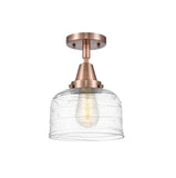 447-1C-AC-G713 1-Light 8" Antique Copper Flush Mount - Clear Deco Swirl Large Bell Glass - LED Bulb - Dimmensions: 8 x 8 x 10.375 - Sloped Ceiling Compatible: No
