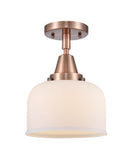 447-1C-AC-G71 1-Light 8" Antique Copper Flush Mount - Matte White Cased Large Bell Glass - LED Bulb - Dimmensions: 8 x 8 x 10.375 - Sloped Ceiling Compatible: No