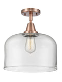 447-1C-AC-G72-L 1-Light 12" Antique Copper Flush Mount - Clear X-Large Bell Glass - LED Bulb - Dimmensions: 12 x 12 x 12.5 - Sloped Ceiling Compatible: No
