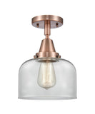 447-1C-AC-G72 1-Light 8" Antique Copper Flush Mount - Clear Large Bell Glass - LED Bulb - Dimmensions: 8 x 8 x 10.375 - Sloped Ceiling Compatible: No