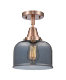 447-1C-AC-G73 1-Light 8" Antique Copper Flush Mount - Plated Smoke Large Bell Glass - LED Bulb - Dimmensions: 8 x 8 x 10.375 - Sloped Ceiling Compatible: No