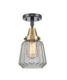 447-1C-BAB-G142 1-Light 7" Black Antique Brass Flush Mount - Clear Chatham Glass - LED Bulb - Dimmensions: 7 x 7 x 12 - Sloped Ceiling Compatible: No