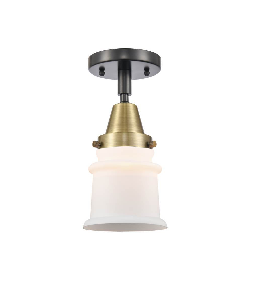 447-1C-BAB-G181S 1-Light 6" Black Antique Brass Flush Mount - Matte White Small Canton Glass - LED Bulb - Dimmensions: 6 x 6 x 10 - Sloped Ceiling Compatible: No