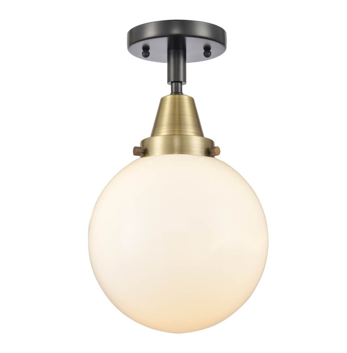 447-1C-BAB-G201-8 1-Light 8" Black Antique Brass Flush Mount - Matte White Cased Beacon Glass - LED Bulb - Dimmensions: 8 x 8 x 12.75 - Sloped Ceiling Compatible: No