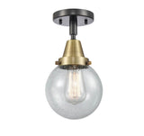 447-1C-BAB-G204-6 1-Light 6" Black Antique Brass Flush Mount - Seedy Beacon Glass - LED Bulb - Dimmensions: 6 x 6 x 10.75 - Sloped Ceiling Compatible: No
