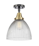 447-1C-BAB-G222 1-Light 9.5" Black Antique Brass Flush Mount - Clear Halophane Seneca Falls Glass - LED Bulb - Dimmensions: 9.5 x 9.5 x 12.5 - Sloped Ceiling Compatible: No