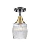 447-1C-BAB-G302 1-Light 5.5" Black Antique Brass Flush Mount - Thick Clear Halophane Colton Glass - LED Bulb - Dimmensions: 5.5 x 5.5 x 10.5 - Sloped Ceiling Compatible: No