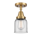 447-1C-BB-G52 1-Light 5" Brushed Brass Flush Mount - Clear Small Bell Glass - LED Bulb - Dimmensions: 5 x 5 x 10 - Sloped Ceiling Compatible: No