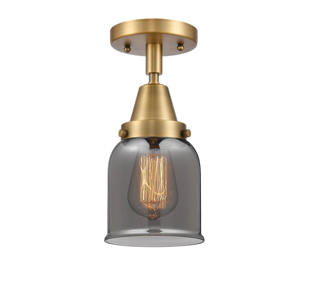 447-1C-BB-G53 1-Light 5" Brushed Brass Flush Mount - Plated Smoke Small Bell Glass - LED Bulb - Dimmensions: 5 x 5 x 10 - Sloped Ceiling Compatible: No