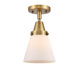 447-1C-BB-G61 1-Light 6.25" Brushed Brass Flush Mount - Matte White Cased Small Cone Glass - LED Bulb - Dimmensions: 6.25 x 6.25 x 10 - Sloped Ceiling Compatible: No