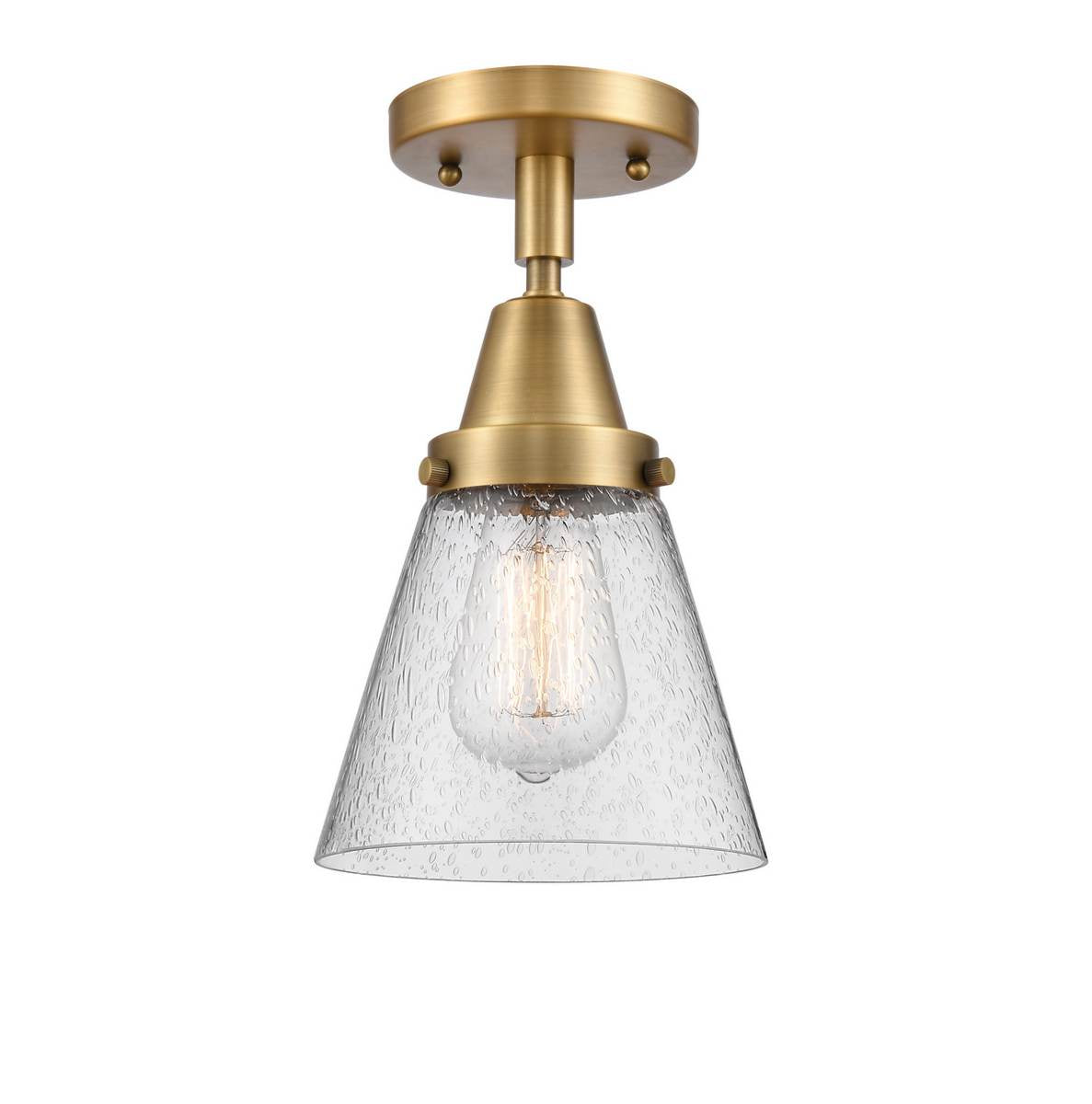 447-1C-BB-G64 1-Light 6.25" Brushed Brass Flush Mount - Seedy Small Cone Glass - LED Bulb - Dimmensions: 6.25 x 6.25 x 10 - Sloped Ceiling Compatible: No
