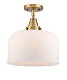 447-1C-BB-G71-L 1-Light 12" Brushed Brass Flush Mount - Matte White Cased X-Large Bell Glass - LED Bulb - Dimmensions: 12 x 12 x 12.5 - Sloped Ceiling Compatible: No