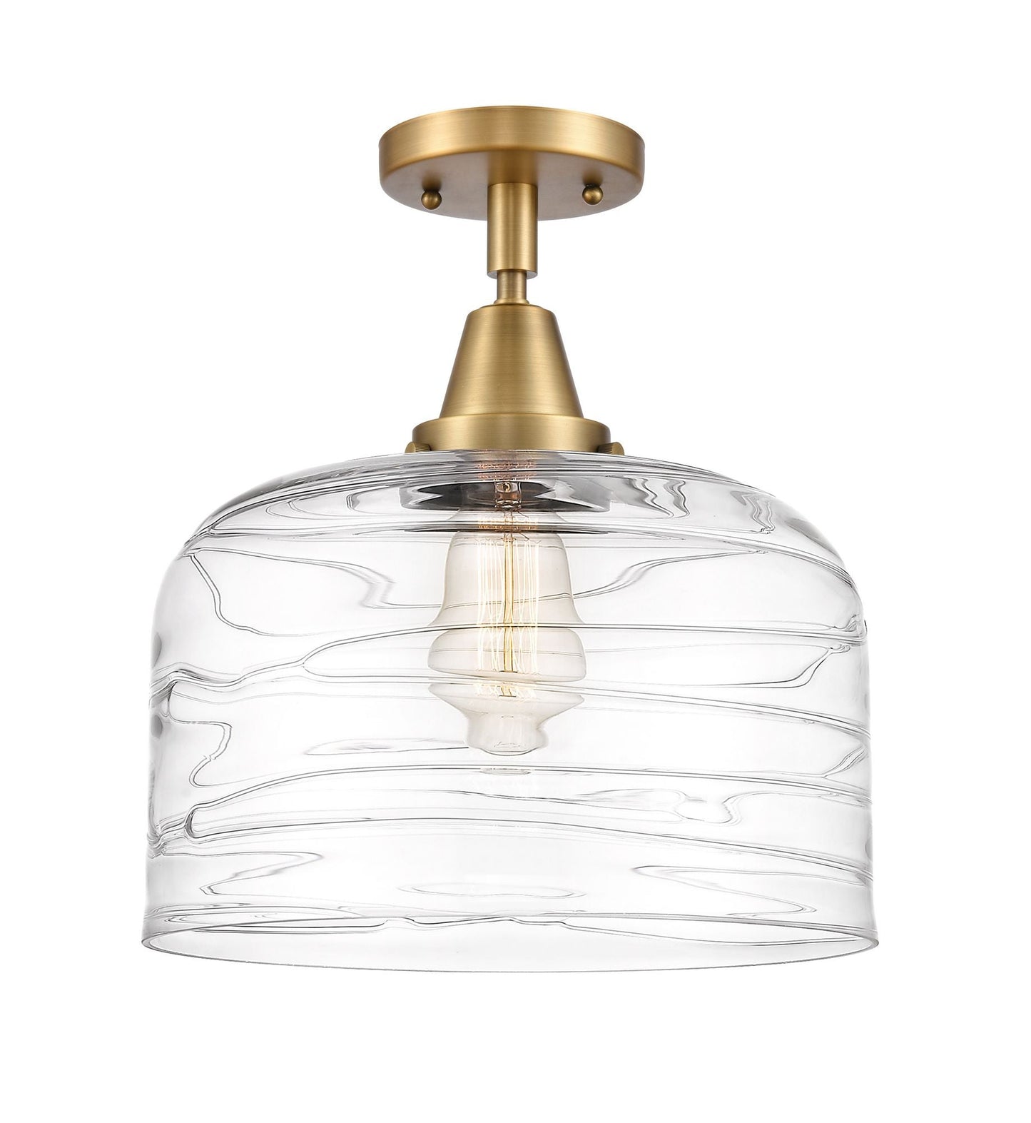 447-1C-BB-G713-L 1-Light 12" Brushed Brass Flush Mount - Clear Deco Swirl X-Large Bell Glass - LED Bulb - Dimmensions: 12 x 12 x 12.5 - Sloped Ceiling Compatible: No