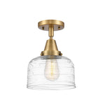 447-1C-BB-G713 1-Light 8" Brushed Brass Flush Mount - Clear Deco Swirl Large Bell Glass - LED Bulb - Dimmensions: 8 x 8 x 10.375 - Sloped Ceiling Compatible: No