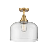 447-1C-BB-G72-L 1-Light 12" Brushed Brass Flush Mount - Clear X-Large Bell Glass - LED Bulb - Dimmensions: 12 x 12 x 12.5 - Sloped Ceiling Compatible: No