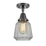 447-1C-BK-G142 1-Light 7" Matte Black Flush Mount - Clear Chatham Glass - LED Bulb - Dimmensions: 7 x 7 x 12 - Sloped Ceiling Compatible: No