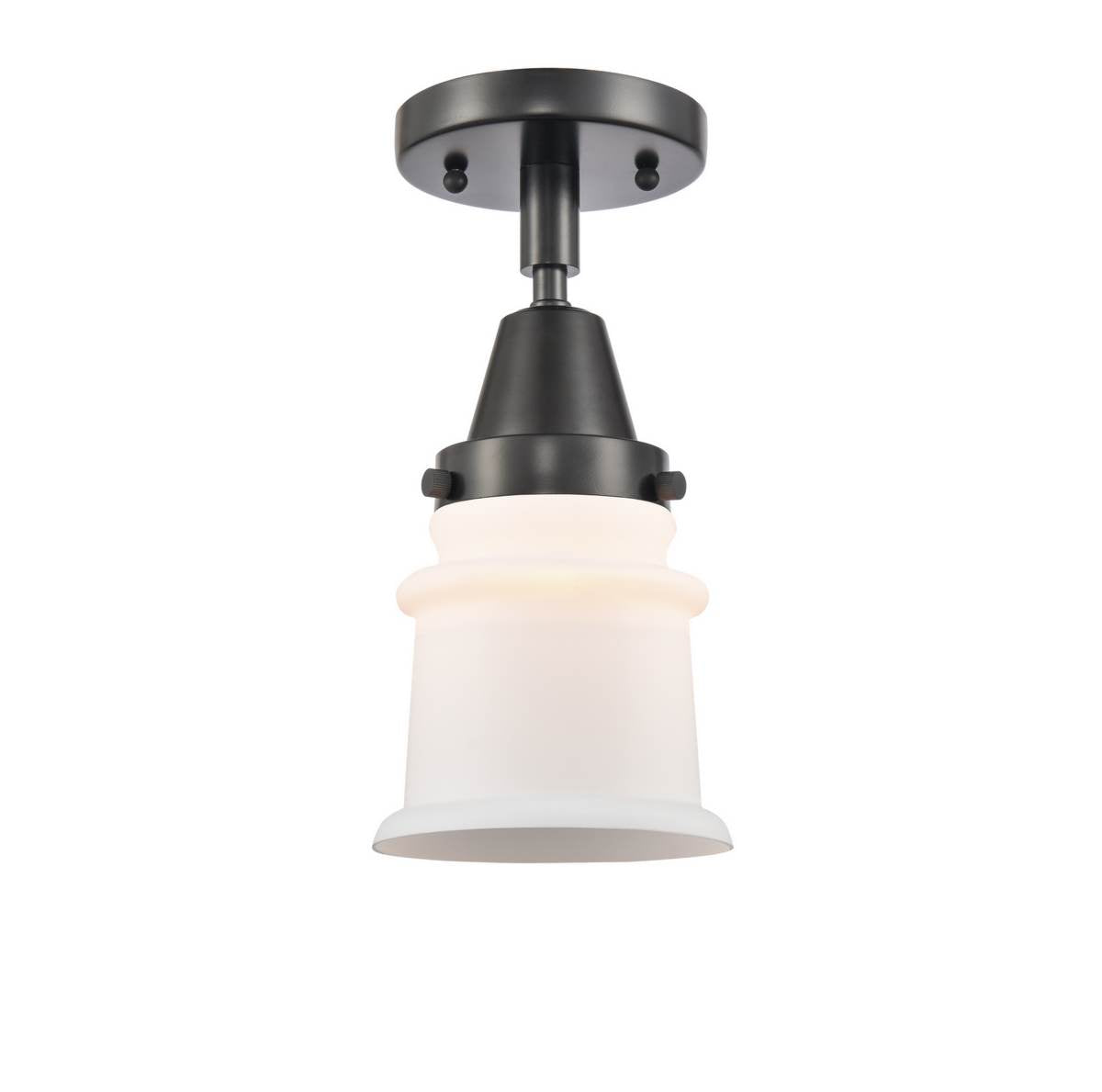 447-1C-BK-G181S 1-Light 6" Matte Black Flush Mount - Matte White Small Canton Glass - LED Bulb - Dimmensions: 6 x 6 x 10 - Sloped Ceiling Compatible: No