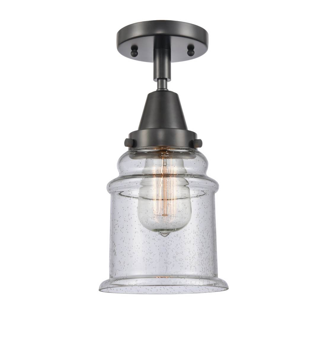 447-1C-BK-G184 1-Light 6" Matte Black Flush Mount - Seedy Canton Glass - LED Bulb - Dimmensions: 6 x 6 x 10 - Sloped Ceiling Compatible: No