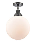 447-1C-BK-G201-10 1-Light 10" Matte Black Flush Mount - Matte White Cased Beacon Glass - LED Bulb - Dimmensions: 10 x 10 x 12.5 - Sloped Ceiling Compatible: No