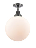 447-1C-BK-G201-12 1-Light 12" Matte Black Flush Mount - Matte White Cased Beacon Glass - LED Bulb - Dimmensions: 12 x 12 x 14.5 - Sloped Ceiling Compatible: No