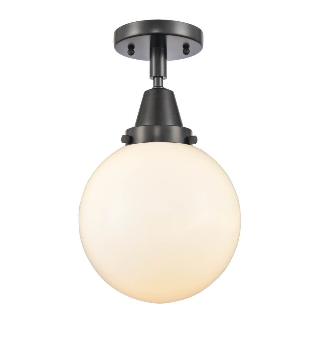 447-1C-BK-G201-8 1-Light 8" Matte Black Flush Mount - Matte White Cased Beacon Glass - LED Bulb - Dimmensions: 8 x 8 x 12.75 - Sloped Ceiling Compatible: No