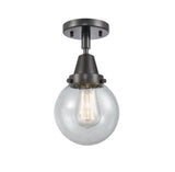 447-1C-BK-G204-6 1-Light 6" Matte Black Flush Mount - Seedy Beacon Glass - LED Bulb - Dimmensions: 6 x 6 x 10.75 - Sloped Ceiling Compatible: No