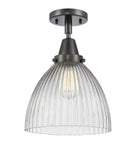 447-1C-BK-G222 1-Light 9.5" Matte Black Flush Mount - Clear Halophane Seneca Falls Glass - LED Bulb - Dimmensions: 9.5 x 9.5 x 12.5 - Sloped Ceiling Compatible: No
