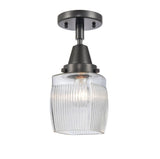 447-1C-BK-G302 1-Light 5.5" Matte Black Flush Mount - Thick Clear Halophane Colton Glass - LED Bulb - Dimmensions: 5.5 x 5.5 x 10.5 - Sloped Ceiling Compatible: No