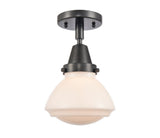 447-1C-BK-G321 1-Light 6.75" Matte Black Flush Mount - Matte White Olean Glass - LED Bulb - Dimmensions: 6.75 x 6.75 x 7.75 - Sloped Ceiling Compatible: No