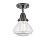 447-1C-BK-G324 1-Light 6.75" Matte Black Flush Mount - Seedy Olean Glass - LED Bulb - Dimmensions: 6.75 x 6.75 x 7.75 - Sloped Ceiling Compatible: No