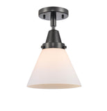447-1C-BK-G41 1-Light 7.75" Matte Black Flush Mount - Matte White Cased Large Cone Glass - LED Bulb - Dimmensions: 7.75 x 7.75 x 11 - Sloped Ceiling Compatible: No