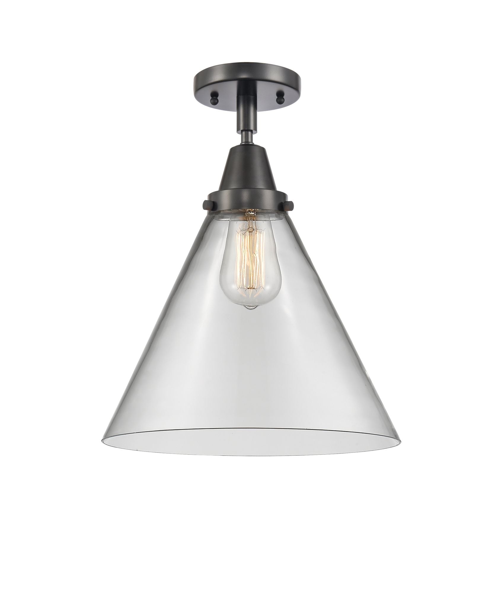 447-1C-BK-G42-L 1-Light 12" Matte Black Flush Mount - Clear Cone 12" Glass - LED Bulb - Dimmensions: 12 x 12 x 15.5 - Sloped Ceiling Compatible: No
