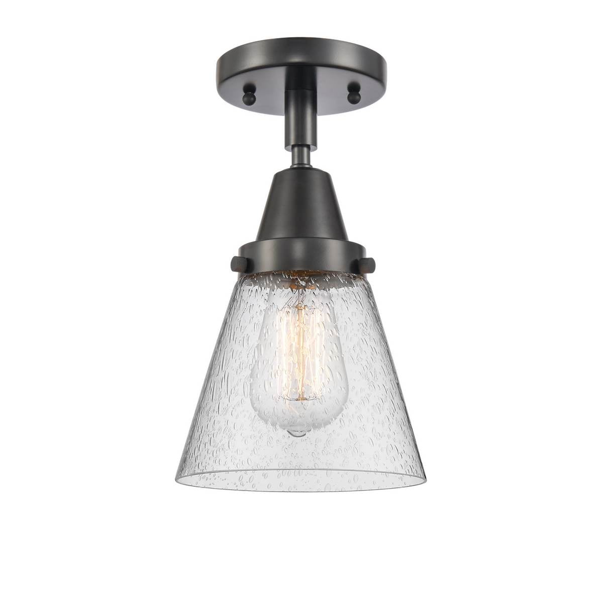 447-1C-BK-G64 1-Light 6.25" Matte Black Flush Mount - Seedy Small Cone Glass - LED Bulb - Dimmensions: 6.25 x 6.25 x 10 - Sloped Ceiling Compatible: No