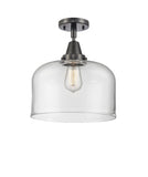 447-1C-BK-G72-L 1-Light 12" Matte Black Flush Mount - Clear X-Large Bell Glass - LED Bulb - Dimmensions: 12 x 12 x 12.5 - Sloped Ceiling Compatible: No