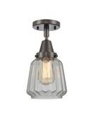 447-1C-OB-G142 1-Light 7" Oil Rubbed Bronze Flush Mount - Clear Chatham Glass - LED Bulb - Dimmensions: 7 x 7 x 12 - Sloped Ceiling Compatible: No