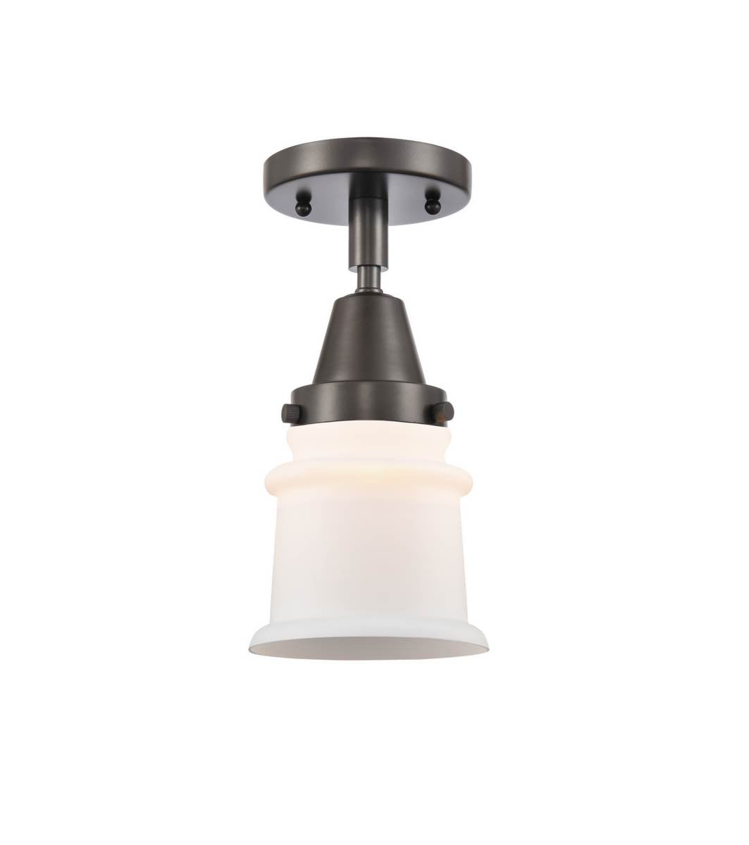 447-1C-OB-G181S 1-Light 6" Oil Rubbed Bronze Flush Mount - Matte White Small Canton Glass - LED Bulb - Dimmensions: 6 x 6 x 10 - Sloped Ceiling Compatible: No