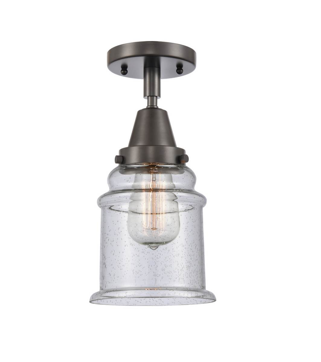 447-1C-OB-G184 1-Light 6" Oil Rubbed Bronze Flush Mount - Seedy Canton Glass - LED Bulb - Dimmensions: 6 x 6 x 10 - Sloped Ceiling Compatible: No