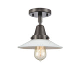 447-1C-OB-G1 1-Light 8.5" Oil Rubbed Bronze Flush Mount - White Halophane Glass - LED Bulb - Dimmensions: 8.5 x 8.5 x 7 - Sloped Ceiling Compatible: No