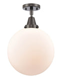 447-1C-OB-G201-12 1-Light 12" Oil Rubbed Bronze Flush Mount - Matte White Cased Beacon Glass - LED Bulb - Dimmensions: 12 x 12 x 14.5 - Sloped Ceiling Compatible: No