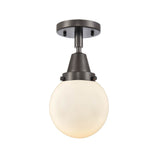 447-1C-OB-G201-6 1-Light 6" Oil Rubbed Bronze Flush Mount - Matte White Cased Beacon Glass - LED Bulb - Dimmensions: 6 x 6 x 10.75 - Sloped Ceiling Compatible: No