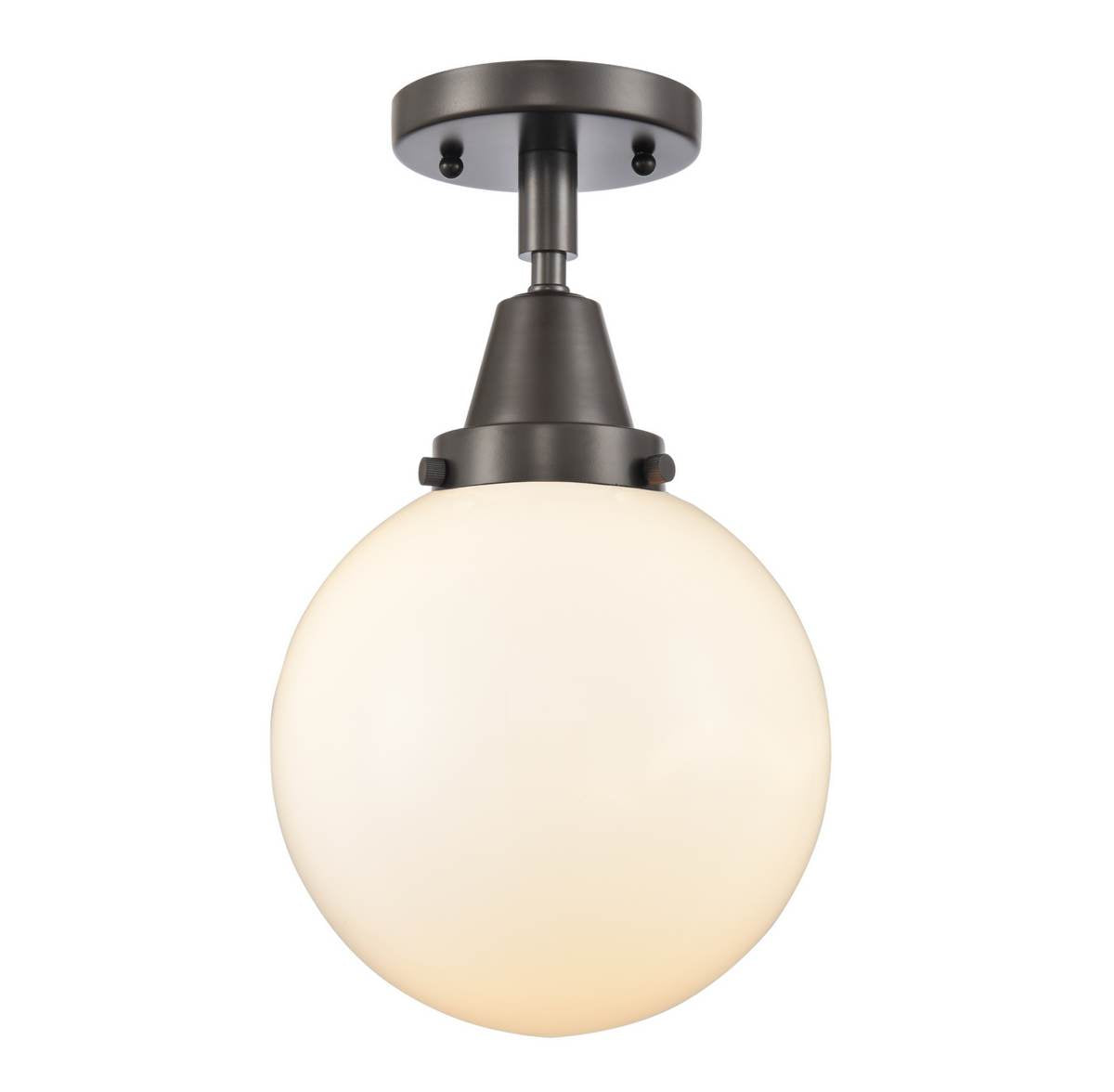 447-1C-OB-G201-8 1-Light 8" Oil Rubbed Bronze Flush Mount - Matte White Cased Beacon Glass - LED Bulb - Dimmensions: 8 x 8 x 12.75 - Sloped Ceiling Compatible: No