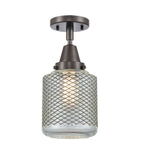 447-1C-OB-G262 1-Light 6" Oil Rubbed Bronze Flush Mount - Vintage Wire Mesh Stanton Glass - LED Bulb - Dimmensions: 6 x 6 x 14.5 - Sloped Ceiling Compatible: No
