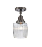 447-1C-OB-G302 1-Light 5.5" Oil Rubbed Bronze Flush Mount - Thick Clear Halophane Colton Glass - LED Bulb - Dimmensions: 5.5 x 5.5 x 10.5 - Sloped Ceiling Compatible: No