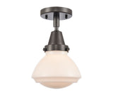 447-1C-OB-G321 1-Light 6.75" Oil Rubbed Bronze Flush Mount - Matte White Olean Glass - LED Bulb - Dimmensions: 6.75 x 6.75 x 7.75 - Sloped Ceiling Compatible: No